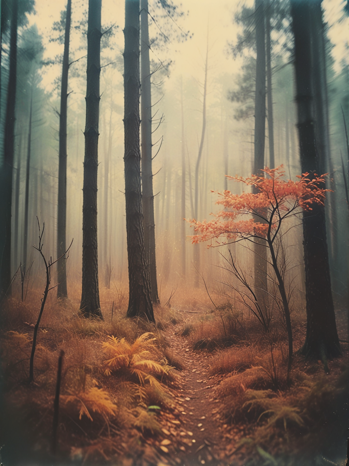 35mm Vintage photo of  landscape/scenery ,Later autumn forest, small pines around, wide shot, mysterious, fantasy, highly detailed
 <lora:Vintage_Street_Photo:0.8>