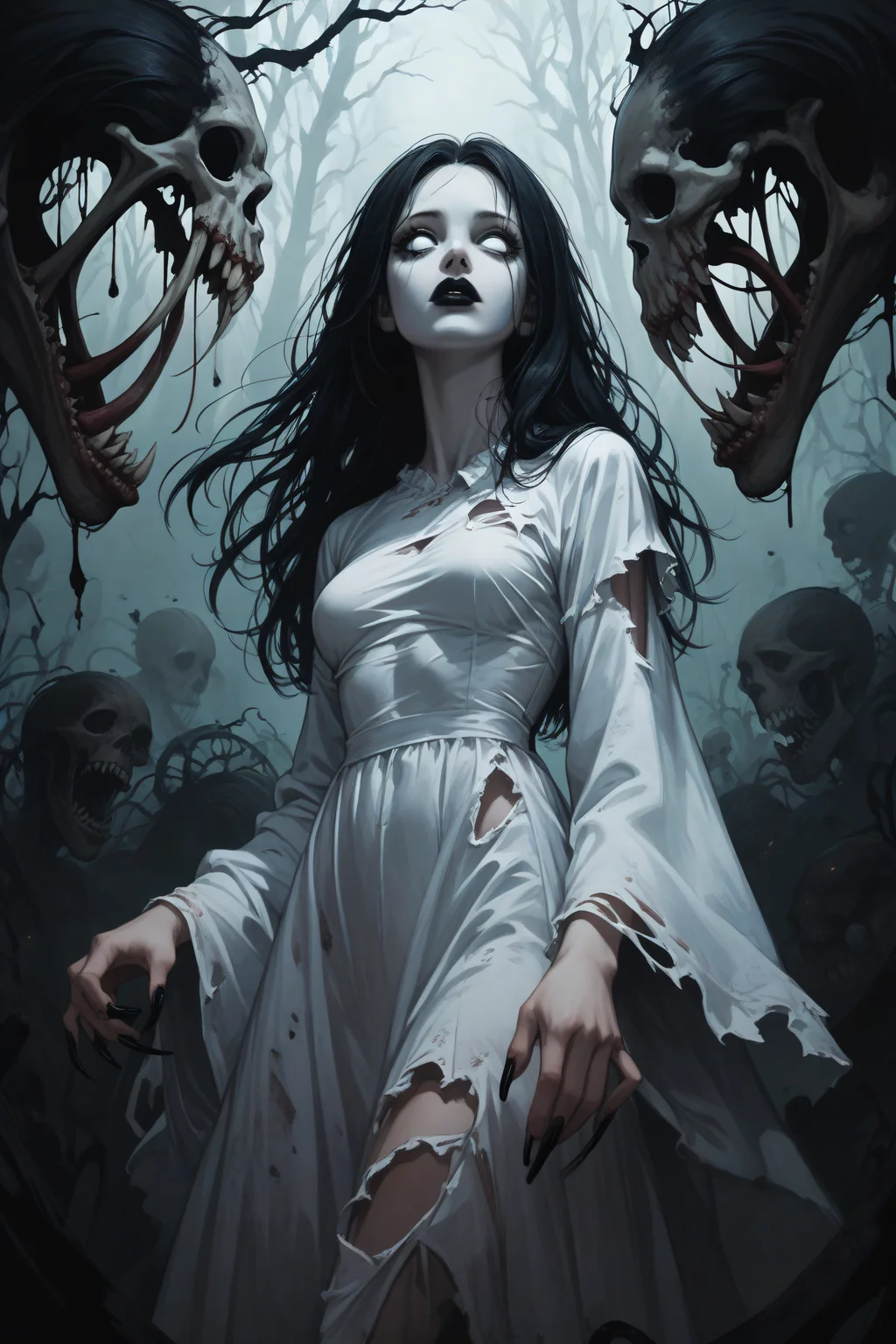 score_9, score_8_up, score_7_up, score_6_up, score_5_up, score_4_up, <lora:Banshee-PonyXL-lora-Faxtron:1> banshee, 1girl, blank eyes, long hair, medium breasts, pale skin, black lips, long fingernails, white dress, long sleeves, wide sleeves, torn clothes, horror \(theme\),