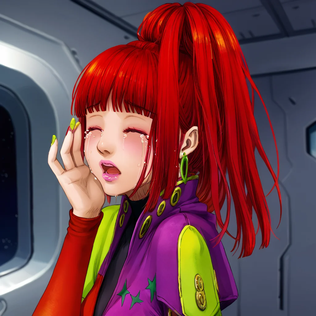 best quality, masterpiece, official artwork, (realistic:0.35), 1girl, solo, sq, red hair, jewelry, earrings, purple eyes, lips, nail polish, makeup, long hair, ponytail, spaceship room, crying, eyes closed, hand cover face