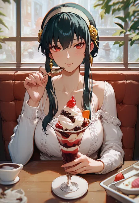 score_9, score_8_up, score_7_up, CONCEPT_PovDating_ownwaifu, 1girl, yor_briar, spoon, looking at viewer, food, pov across table, mole under eye, cup, ice cream, sitting, parfait, restaurant, chair, cafe, coffee, sundae, pov dating,