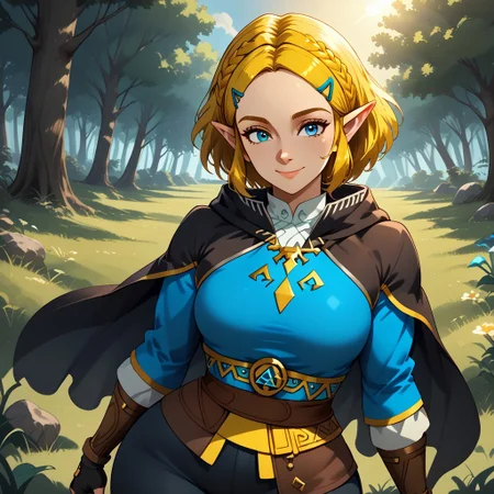 score_9, score_8, BREAK, Zelda (The Legend of Zelda: Tears of the Kingdom), adult female,short blonde hair,blue eyes,side-swept bangs,blue eyes,medium breasts,curvy,Thin waist, leather cape, fingerless Black gloves, wearing a royal blue tunic with golden embroidery and a Triforce symbol, black fitted pants, brown leather boots, sexy pose, self portrait, smile, outdoors, sunlight, shadows, evening lighting, natural lighting, forest, trees, grass, orange sky, sunset