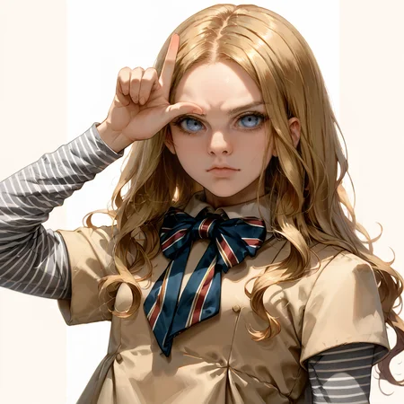 score_9, score_8_up, score_7_up, score_6_up, score_5_up, score_4_up, source_anime, BREAK, 1girl, solo, looking at viewer, simple background, <lora:M3GAN_V1:0.8> m3gandoll, realistic, doll, long hair, blue eyes, blonde hair, forehead, dress, striped sleeves, big bowtie, multicolored bowtie, , <lora:LoserGesturePonyXL:1> loser gesture, hand on forehead, raised index finger