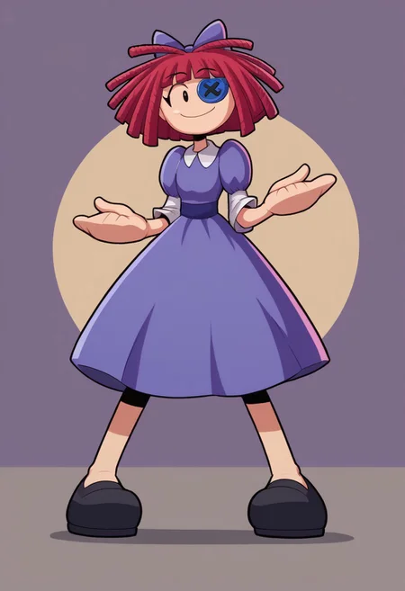 zPDXL, score_9, score_8_up, score_7_up, source_anime, 1girl, solo,
<lora:PringleDingle_v2-15:1>pringus, d_ll, 1girl,rag-doll, red yarn-like hair, flat orange triangular nose, blue button eye and black pupil in actual eye, purple bow in hair, purple dress with darker patches, white undershirt, big feet, big shoes, happiness, happy, perfect hands, perfect face, elegant, tall lady