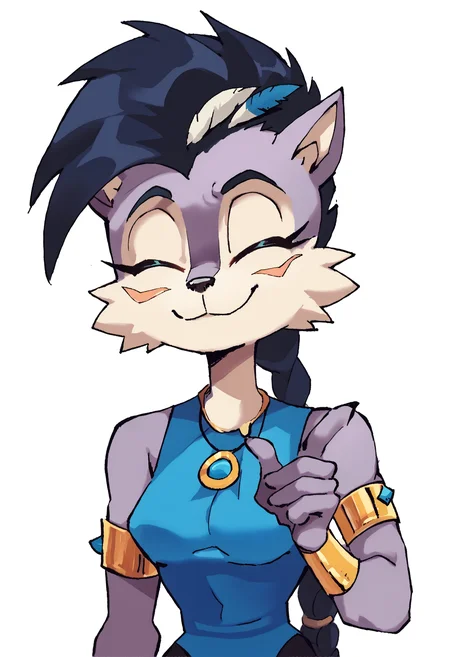 score_9, score_8_up, source_furry, <lora:Lupe_the_wolf_r1:0.8>, Lupe the wolf, anthro wolf, 1girl, mohawk, black hair, braided ponytail, blue leotard, armlet, necklace, feather hair ornament,  <lora:drakeposting:1>, drakeposting-yes, 1girl, upper body, closed eyes, smile, index finger raised,, <lora:Diives_PDXL:0.7>, by diives <lora:valbun_v2:0.6>, valbun