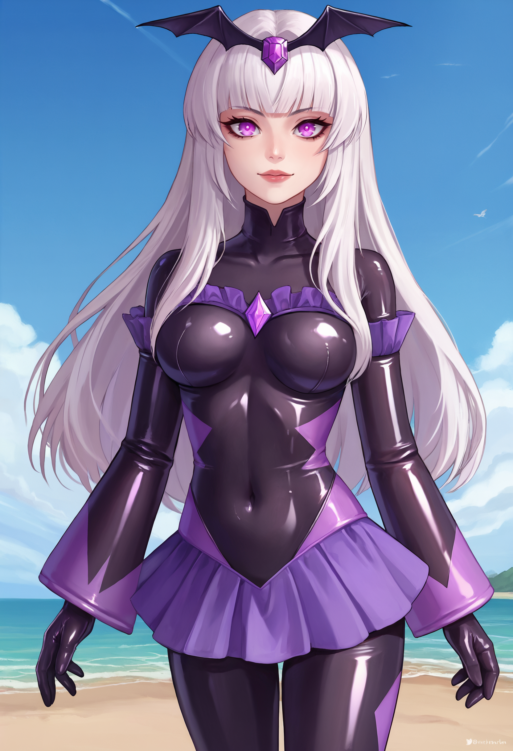 zPDXL, 1girl, solo, BREAK
ushio noa, long hair, white hair, 
black badend-bodysuit, badend-tiara, purple frills, purple skirt, purple gem, latex bodysuit,
cowboy shot, 
outdoors, beach,
<lora:noa-ponyxl-kohya4-000008:0.7>  <lora:bad-end-ot14-1701:0.6>