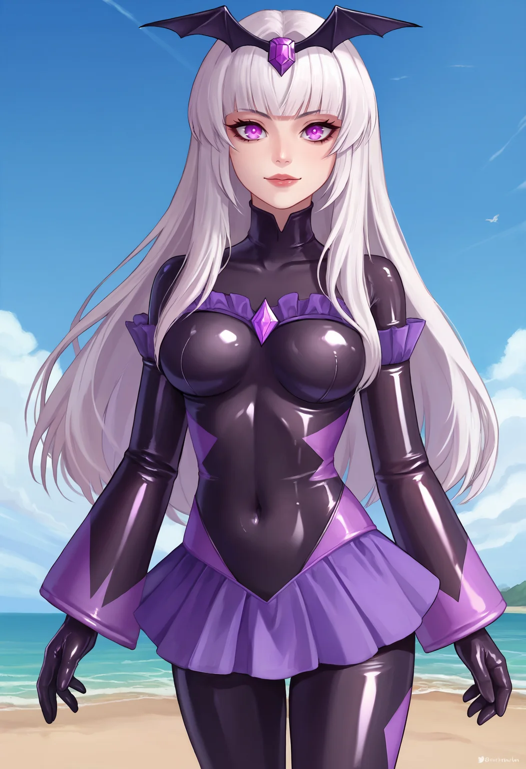 zPDXL, 1girl, solo, BREAK
ushio noa, long hair, white hair,
black badend-bodysuit, badend-tiara, purple frills, purple skirt, purple gem, latex bodysuit,
cowboy shot,
outdoors, beach,
<lora:noa-ponyxl-kohya4-000008:0.7> <lora:bad-end-ot14-1701:0.6>