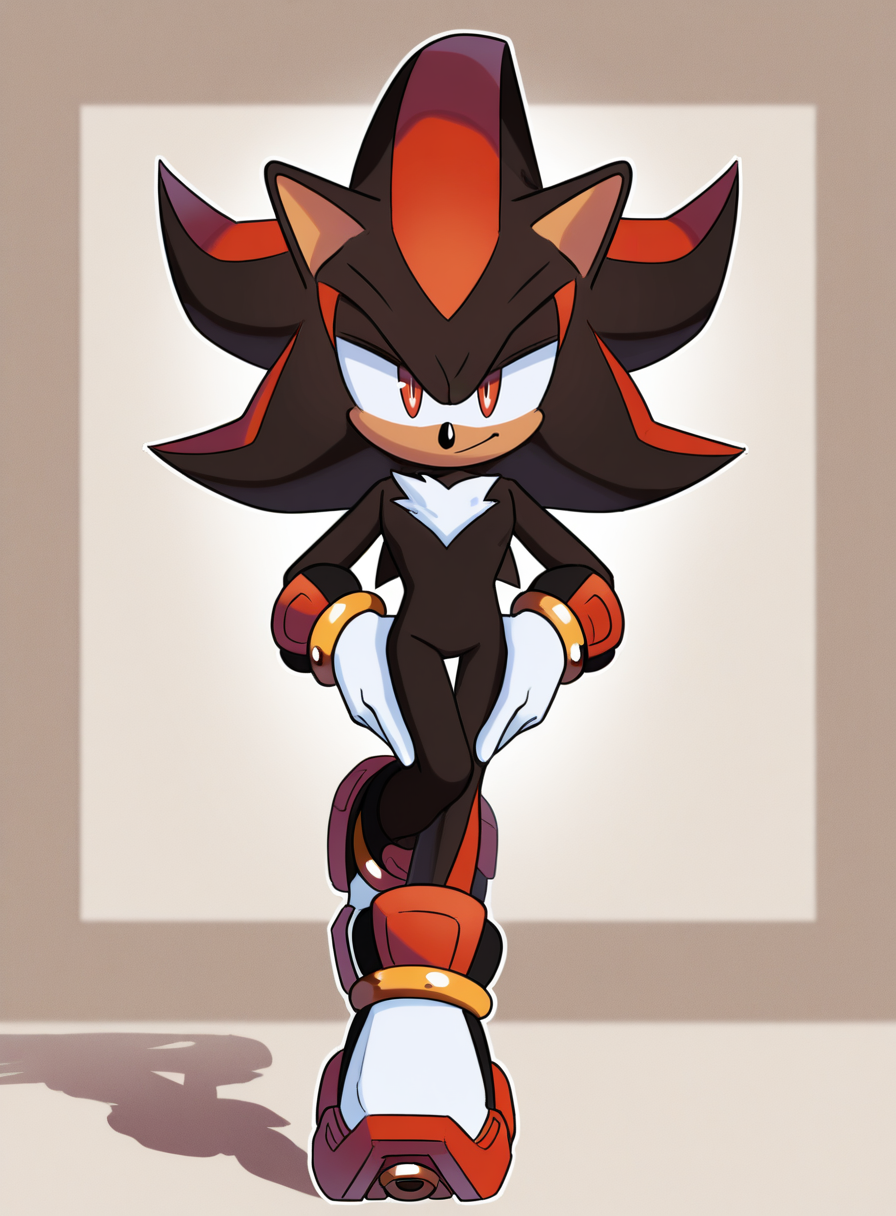 solo, <lora:krack:1> krackstyle,
shadow the hedgehog, black fur, red streaks, red eyes, white gloves, gold bracelet, white footwear, multicolored footwear,
dynamic pose, smirking, hands in pockets, leaning back, one leg crossed over the other, looking at viewer, extremely detailed, highres, masterpiece, best quality