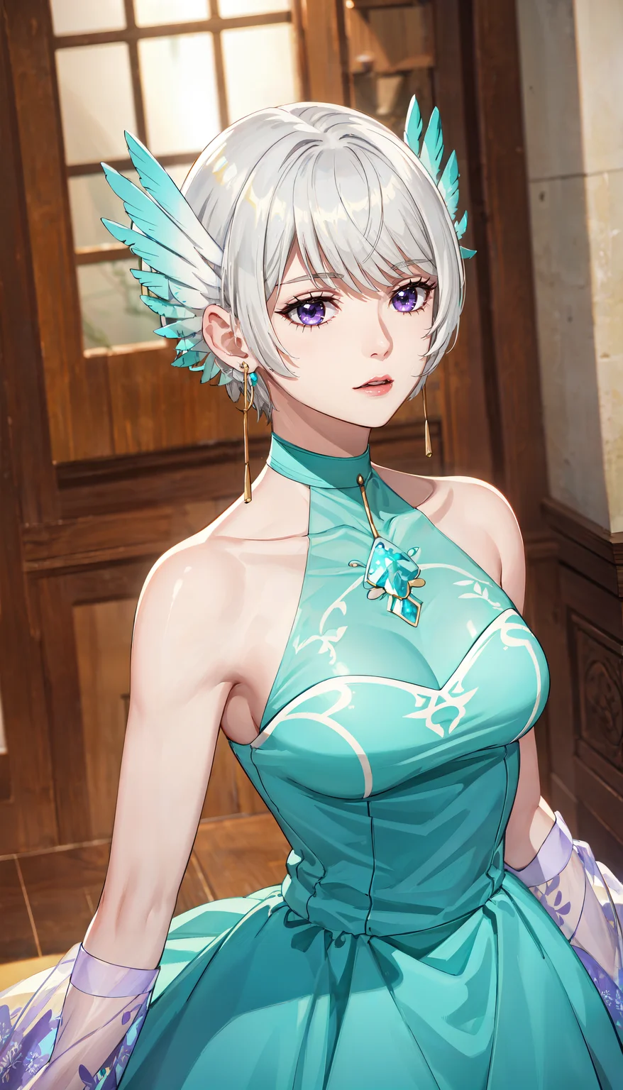 photorealistic, (4k), depth of field, (Masterpiece), (realistic skin texture), extremely detailed, intricate, hyper detailed, professional photography, bokeh, high resolution, sharp detail, best quality, woman, short hair, white hair, purple eyes, head wings, teal dress, halterneck, <lora:GoodHands-beta2:0.4>, <lora:detail_slider_v4:0.8> , dynamic pose, (getting dressed),   <lora:Lily Front Gritonia-000004:0.8>, castle interior, reflective floor,