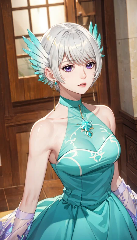 photorealistic, (4k), depth of field, (Masterpiece), (realistic skin texture), extremely detailed, intricate, hyper detailed, professional photography, bokeh, high resolution, sharp detail, best quality, woman, short hair, white hair, purple eyes, head wings, teal dress, halterneck, <lora:GoodHands-beta2:0.4>, <lora:detail_slider_v4:0.8> , dynamic pose, (getting dressed), <lora:Lily Front Gritonia-000004:0.8>, castle interior, reflective floor,