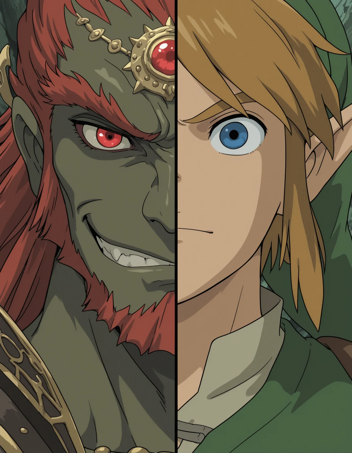 studio_ghibli, split screen, ganondorf, link, smirk, serious expression, masterpiece, best quality, amazing detail, high definition