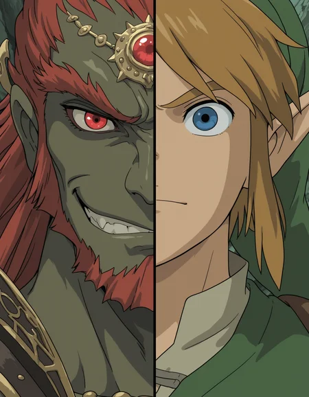 studio_ghibli, split screen, ganondorf, link, smirk, serious expression, masterpiece, best quality, amazing detail, high definition