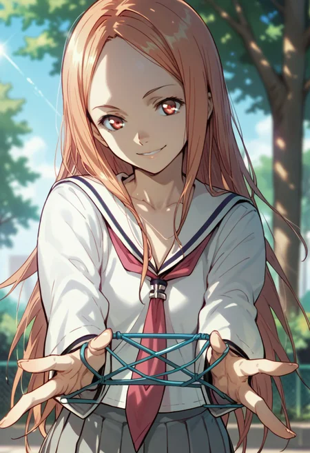 score_9,score_8_up,score_7_up,source_anime, Mana Ouma,1girl,solo,looking at viewer,smile,holding,school uniform,serafuku,tree,neckerchief,head tilt,sunlight,