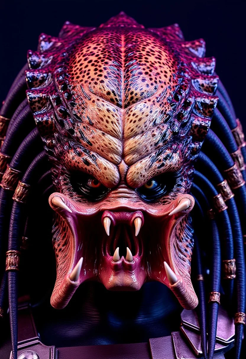 masterpiece, neon splash art of the head of a predator (from the movie franchise Predator, no helmet, mandibles), vibrant surreal colours