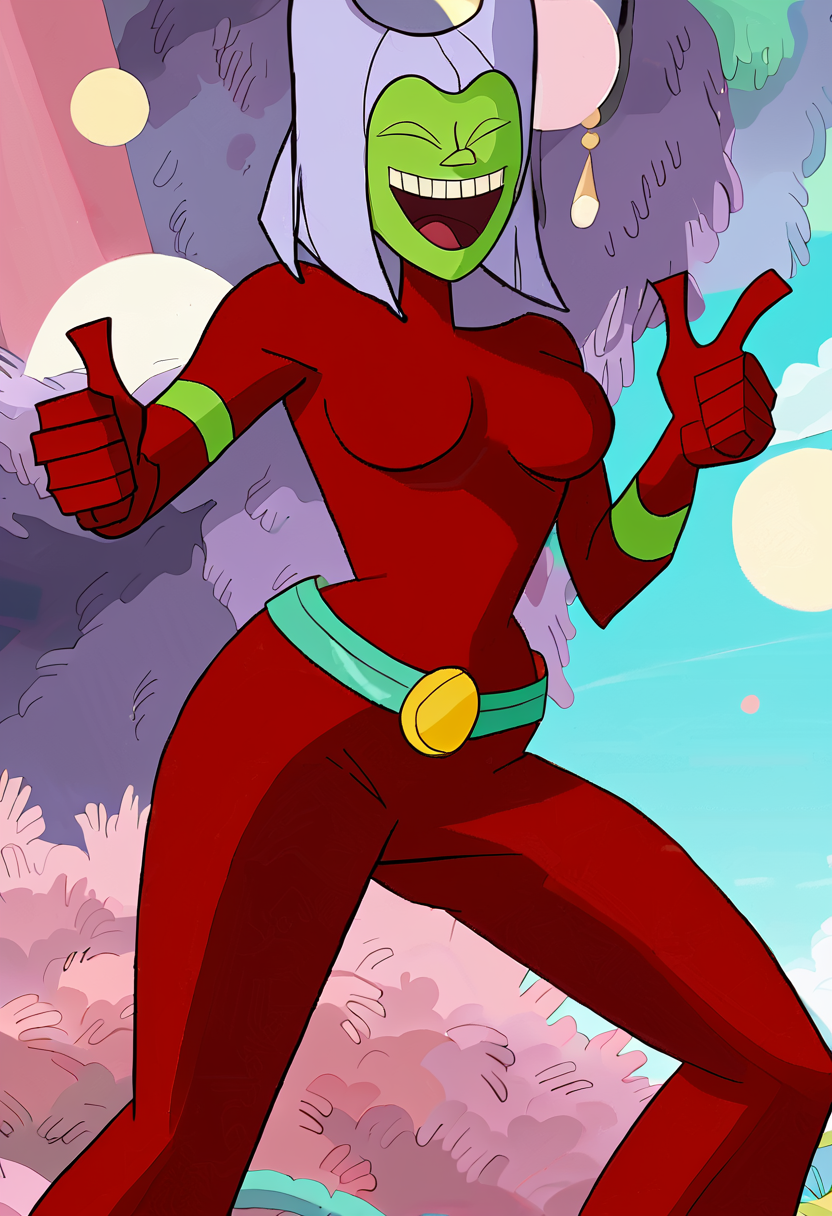 <lora:TwelveForever_ButtWitch_Pony:1.1>, butt witch \(regular\), thumbs up, laughing, twelve forever, 1girl, solo, colored skin, red bodysuit, harbor, masterpiece, best quality, score_9, score_8_up, score_7_up