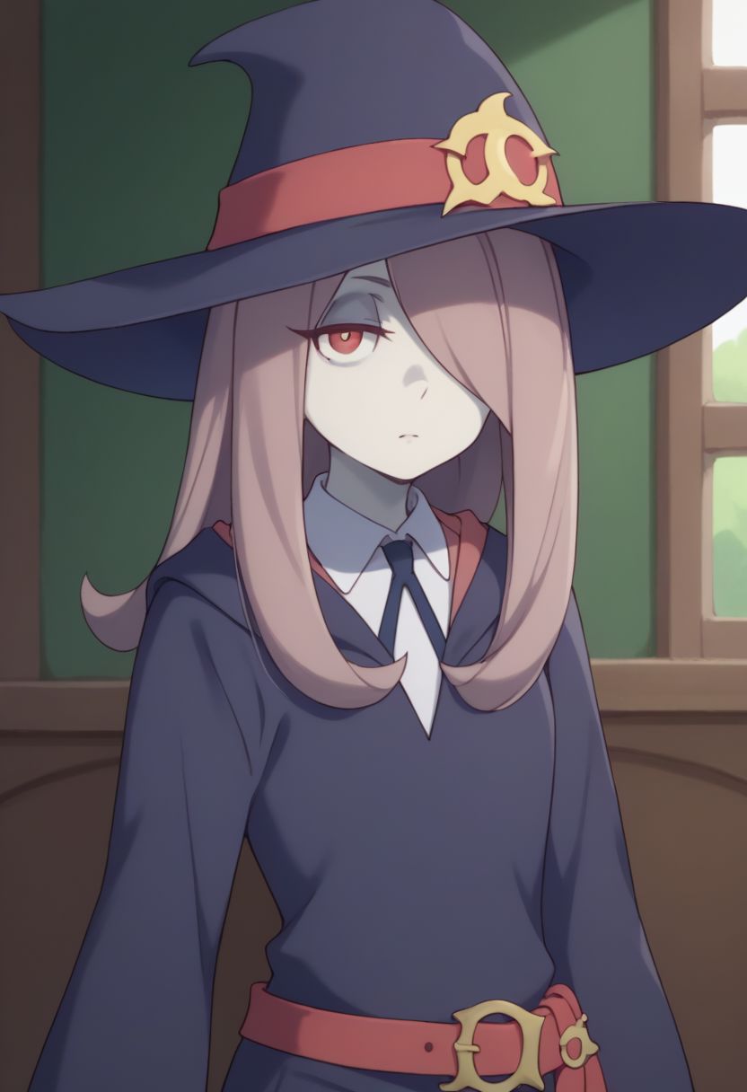 score_9, score_8_up, source_anime, highly detailed, 1girl, solo,
sucy, 1girl, hat, solo, witch hat, pale skin, red eyes, hair over one eye, long hair, witch, luna nova school uniform, upper body, school uniform, belt, pink hair,
indoor,