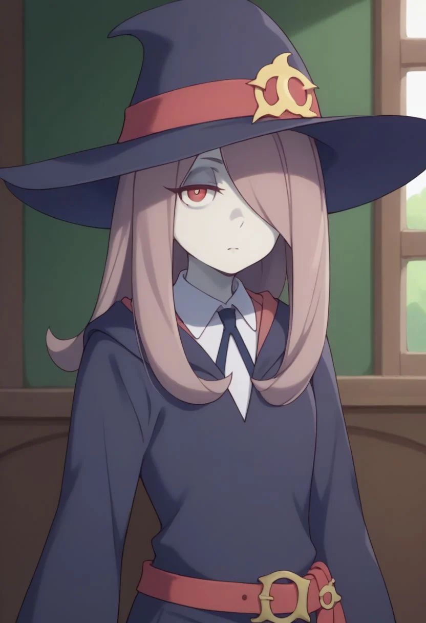 score_9, score_8_up, source_anime, highly detailed, 1girl, solo,
sucy, 1girl, hat, solo, witch hat, pale skin, red eyes, hair over one eye, long hair, witch, luna nova school uniform, upper body, school uniform, belt, pink hair,
indoor,