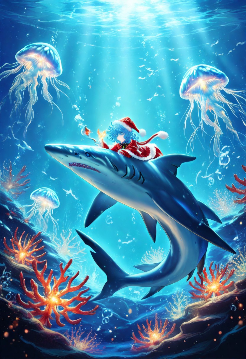 masterpiece, best quality, high quality, good quality, boy, curly hair, blue eyes, blue hair, animal, sharks, jellyfish christmas animals, swiming, underwater, glowing corals, festive ambiance, bioluminescence, holiday theme, detailed, intricate details, dynamic lighting, festive accessories, Santa hats, animal christmas