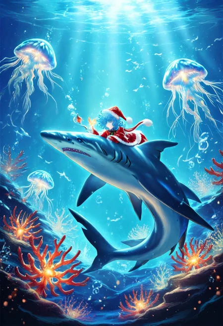 masterpiece, best quality, high quality, good quality, boy, curly hair, blue eyes, blue hair, animal, sharks, jellyfish christmas animals, swiming, underwater, glowing corals, festive ambiance, bioluminescence, holiday theme, detailed, intricate details, dynamic lighting, festive accessories, Santa hats, animal christmas