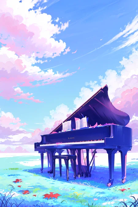 cloud, piano, 1boy, sky, grass, instrument, outdoors, sitting, solo, day, male focus, playing instrument, music, grand piano, blue sky, shirt, white shirt, wind, cloudy sky, scenery, leaf, thighhighs, short hair, black hair, pants, brown hair, long sleeves<lora:airconditionerlora:1>