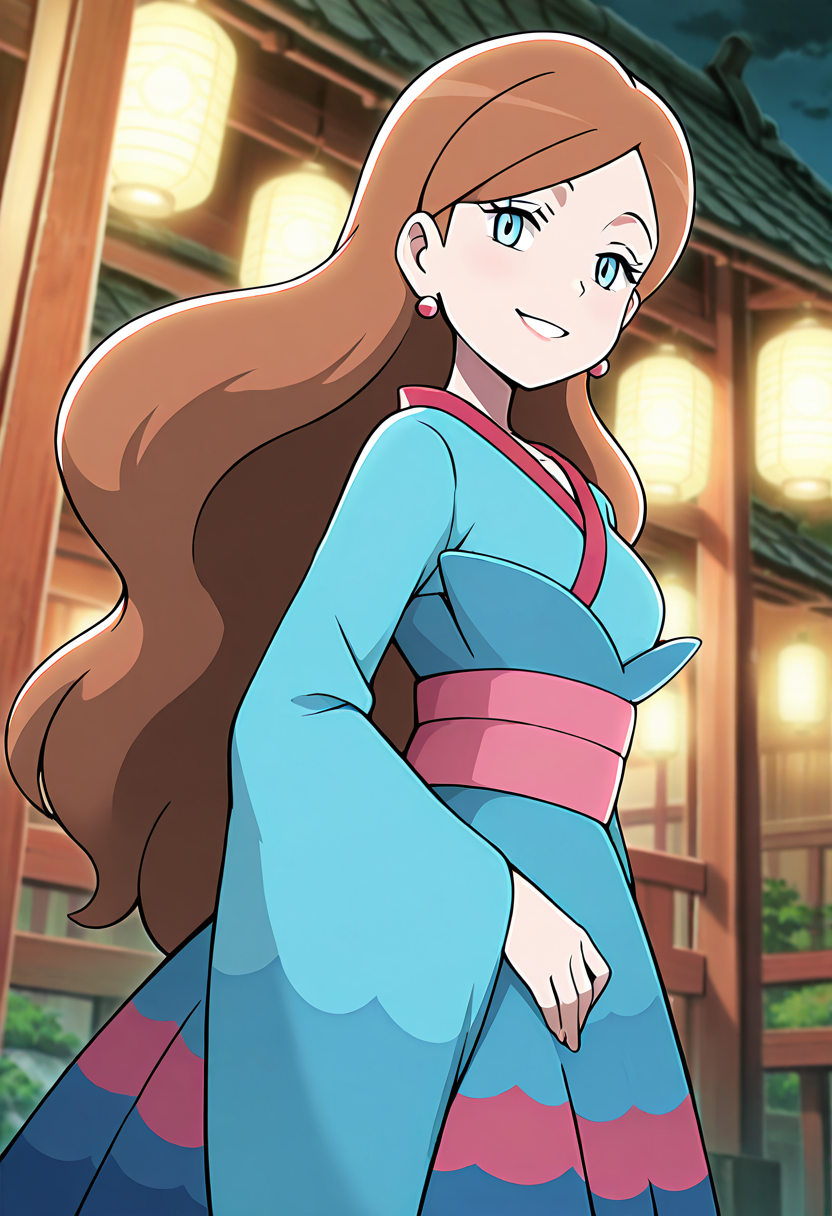 masterpiece, best quality, 1girl, solo, looking at viewer, smile,   zzLinnea, blue eyes, brown hair, long hair, earrings,  blue kimono, sash,  , <lora:LinneaPokemon_IXL_v2:1.0>, twisting at waist, looking over shoulder, side view, smile, looking at viewer,