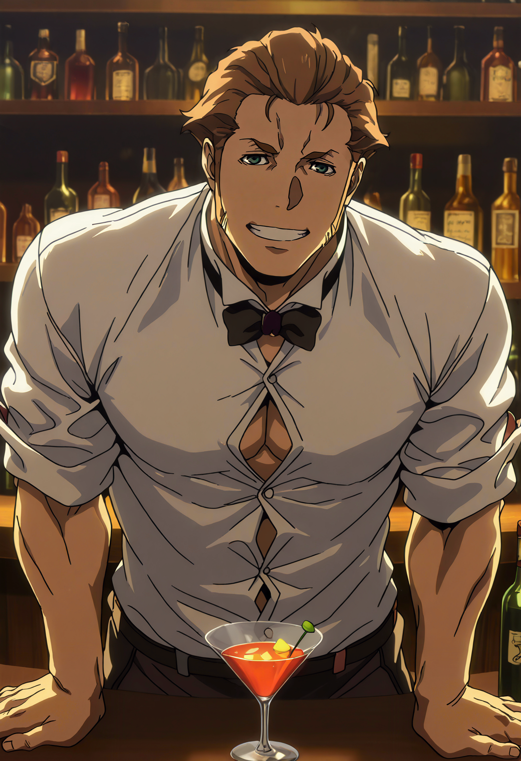 SmoothNoob_Quality,
<lora:Sword__Wilhelm_Ragnvald_Garo_-VANISHING_LINE-:1>,
1boy,s0rud0,brown_s0rud0_hair,blue_s0rud0_eyes,anime coloring,long sideburns,muscular male,bara,
from above,japanese clothes,kimono,kimono on shoulders,tiger stripes,tiger print,looking at viewer,reclining,sitting,on floor,holding smoking pipe,smile,
pectoral cleavage,open kimono,
shouji,east asian architecture,wooden floor,outdoors,porch,golden hour,afternoon,
dynamic angle,dynamic action SmoothNoob_Quality,
<lora:Sword__Wilhelm_Ragnvald_Garo_-VANISHING_LINE-:1>,
1boy,s0rud0,brown_s0rud0_hair,blue_s0rud0_eyes,anime coloring,long sideburns,muscular male,bara,
upper body,looking at looking at viewer,arm support,leaning forward,grin,
white collared shirt,black bowtie,button gap,
bar \(place\),wine bottle,bloom,backlit,counter,pov,cocktail glass,high contrast,
dynamic action