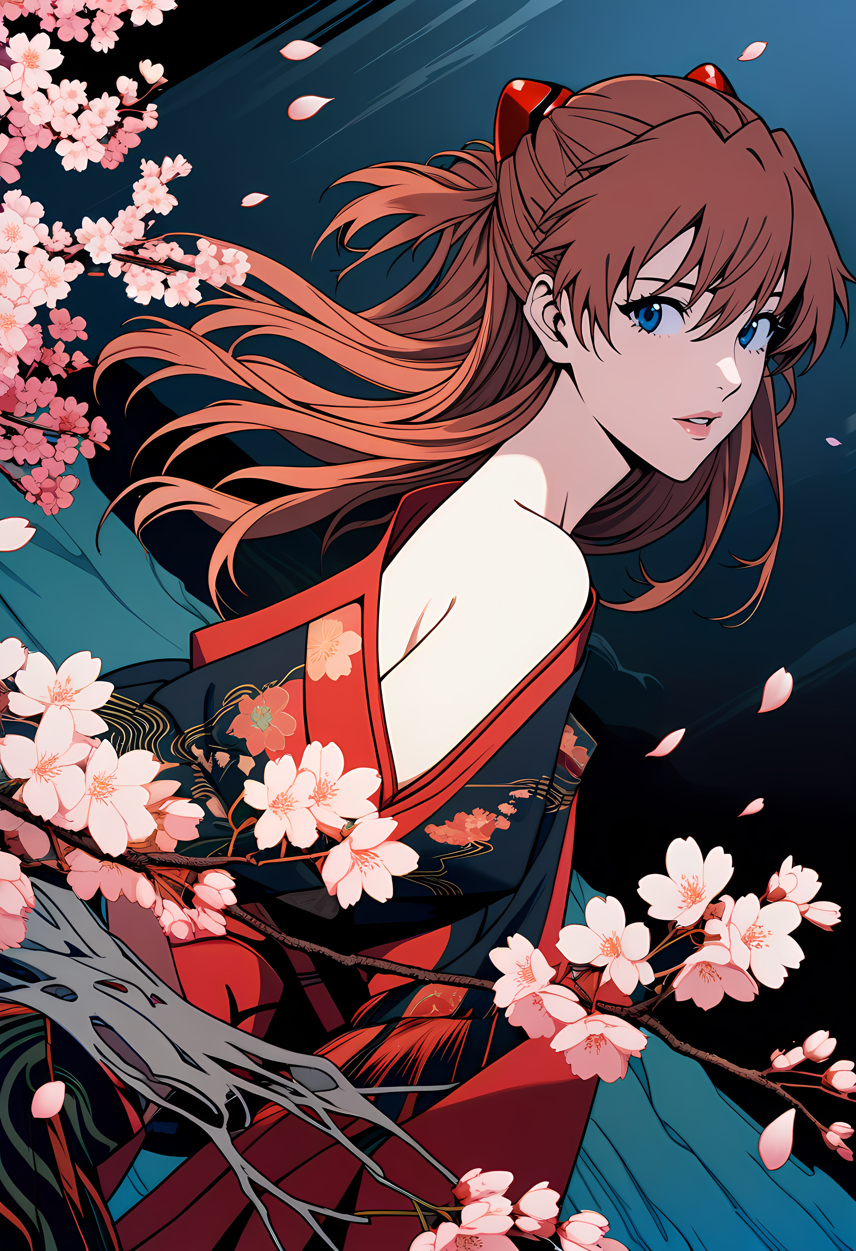 cherry blossoms  in a dark storm, light and shadow, cherry petals flying in the air, wind and rain, sea,
1girl, souryuu asuka langley, neon genesis evangelion, rebuild of evangelion, aged up, mature, Japanese kimono, looking at viewer, 
dynamic angle, close-up shot, woodcuts, highly detailed, KHsty-XL, <lora:KHsty-XL-v3-AN:0.5>,
masterpiece, best quality, very aesthetic, absurdres,
