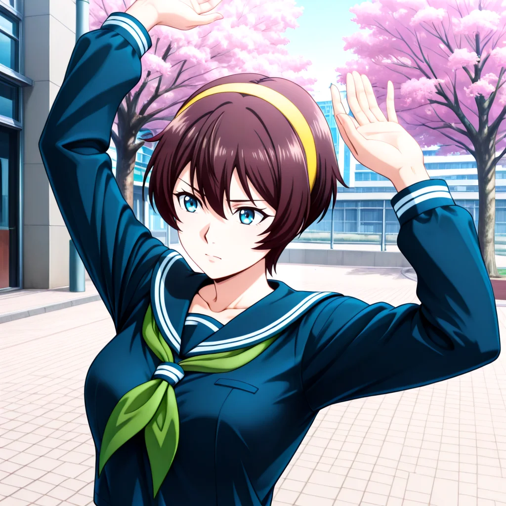 Yuu_School, 1girl, brown short hair, hair between eyes, blue eyes, medium breasts, collarbone, yellow hairband, serafuku, green neckerchief, sailor collar, dark blue serafuku, long sleeves, , <lora:Yuu_IL2:1> Cherry blossom trees in an urban food court, Graceful stretch: Arms raised above the head in a stretch.