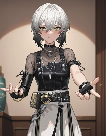 score_9,score_8_up,score_7_up,source_anime,yubing,1girl,solo,green eyes,jewelry,gloves,looking at viewer,choker,multicolored hair,fingerless gloves,black gloves,black hair,short hair,bangs,grey hair,hair between eyes,see-through,<lora:yubing_pony2:0.8>,anime screencap,<lora:Anime_Screencap:1>,depth of field,skirt,shy,blush,reaching_out,