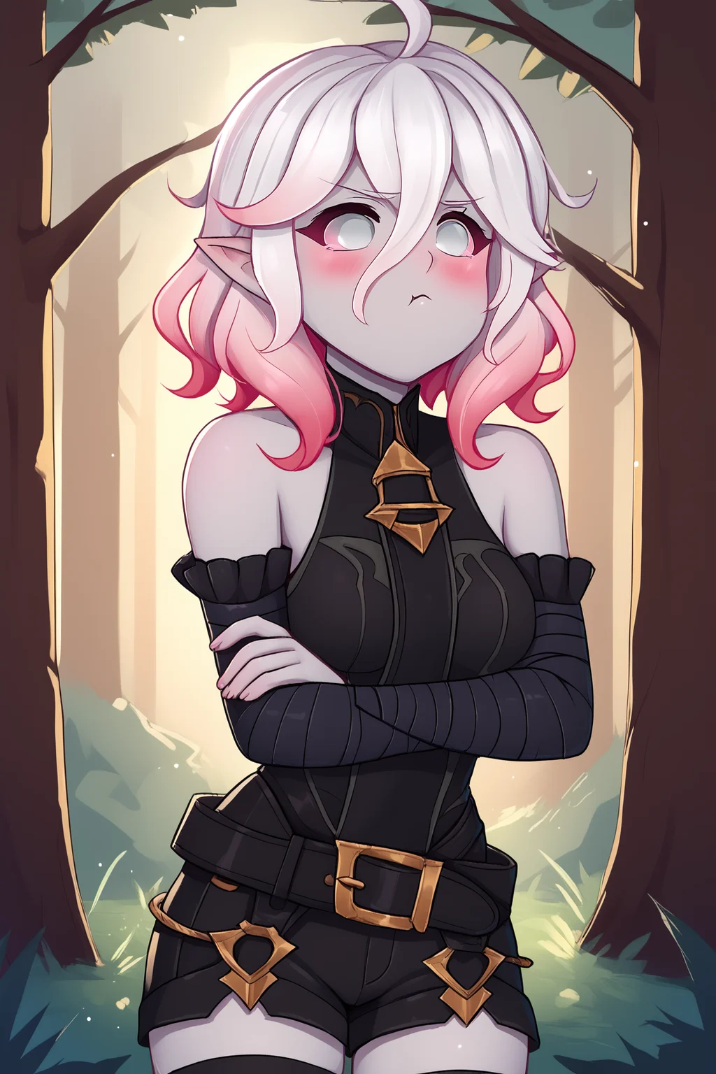 score_9, score_8_up, score_7_up, score_6_up, source_cartoon, BREAK, BriarLoLXLv2, grey skin, colored skin, no pupils, grey eyes, pink sclera, white hair, pink hair, two-tone hair, gradient hair, short hair, hair between eyes, ahoge, pointy ears, sharp teeth, medium breasts, bare shoulders, black thight dress, detached sleeves, black bandaged sleeves, black shorts, belt, (black bandaged legwear), toeless legwear, solo, standing, forest, blush, pout, closed mouth <lora:MamakoPoutPXL:1> <lora:BriarLoLXLv2:1>