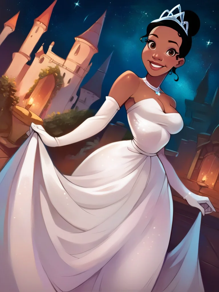 score_9, score_8_up, score_7_up, score_6_up, 1girl, hair bun, dark-skinned female, castle, strapless dress, white dress, long skirt, princess, necklace, elbow gloves, tiara, cleavage, curvy, medium breasts, narrow waist, wide hips, thick thighs, looking at viewer, dynamic angle, cowboy shot, dynamic pose, smile, cute, wide shot, realistic, cartoon, sexually suggestive, night, lamppost, star \(sky\),
<lora:TianaXLP_character:1>TianaXLP