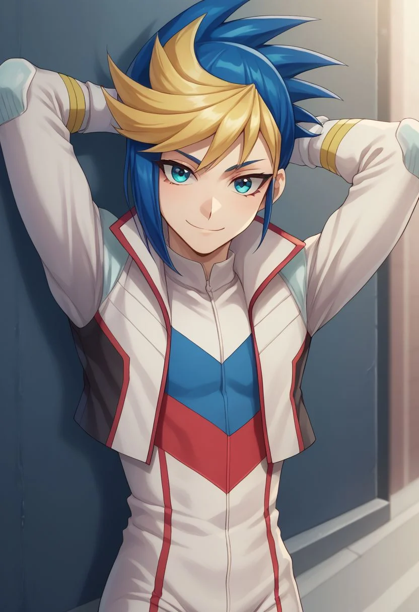 score_9, score_8_up, score_7_up, source_anime, highly detailed,
yugo, 1boy, solo, male focus, gloves, multicolored hair, blue hair, blonde hair, dyed bangs, two-tone hair, jumpsuit, white jumpsuit, jacket, white jacket, stripes, elbow, upper body
outdoor, street, arms behind head, smile,