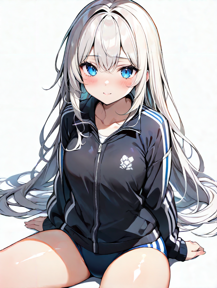 masterpiece,ultra-detailed,best quality,8K,illustration,cute face,clean skin ,shiny hair,woman,ultra-detailed-eyes,simple background, <lora:add-detail-xl:1> <lora:tracksuits_XL_illustrious_V1.0:1> tracksuits,long sleeves,buruma