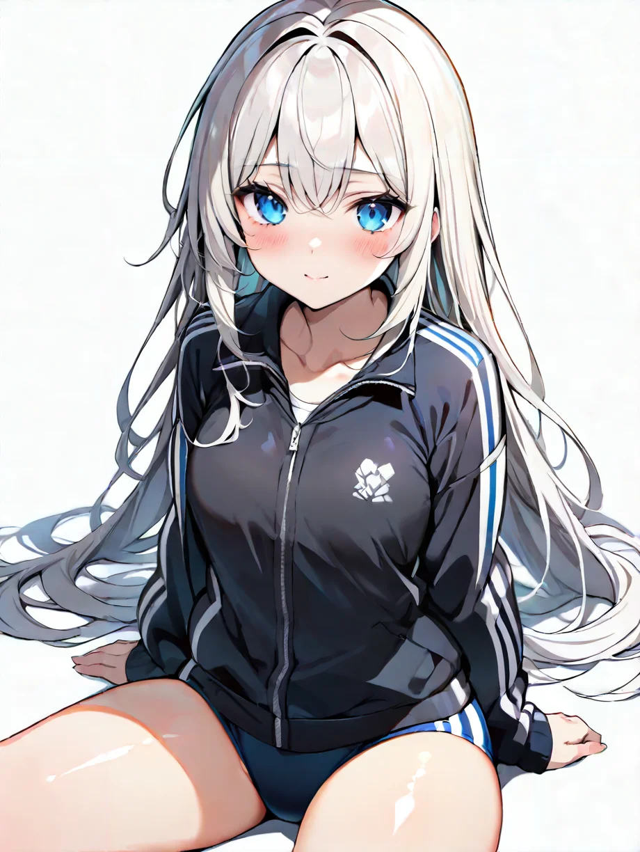 masterpiece,ultra-detailed,best quality,8K,illustration,cute face,clean skin ,shiny hair,woman,ultra-detailed-eyes,simple background, <lora:add-detail-xl:1> <lora:tracksuits_XL_illustrious_V1.0:1> tracksuits,long sleeves,buruma