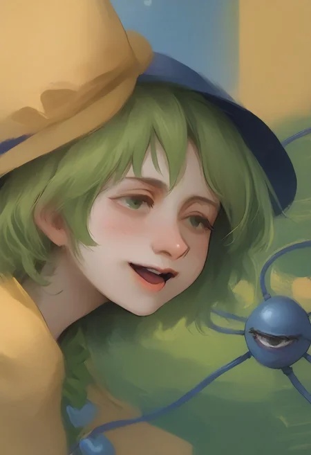 <lora:disco_elysium_v1_pruned:1>, thick outlines, <lora:komeiji_satori_image6571_2023-12-17-000006:1>, painting, painting_\(medium\), painterly, faux traditional media, portrait, artistic, standing in front of window, (mosaic window in background:1.5), side view, profile view, high window, 1girl, solo, touhou, koishi, komeiji koishi, green hair, medium hair, hat, eyes wide open, head lifted, looking at someone, komeiji_koishi, 1girl, third_eye, yellow_shirt, black_hat, green_hair, frilled_sleeves, highres, frilled_shirt_collar, wide_sleeves, hat_bow, green_eyes, green_skirt, heart_of_string, yellow_bow, hat_ribbon, diamond_button, yellow_ribbon, eyeball, (third eye:1.5), closed third eye, third eye floating,
happy, very happy, open mouth, laugh,
