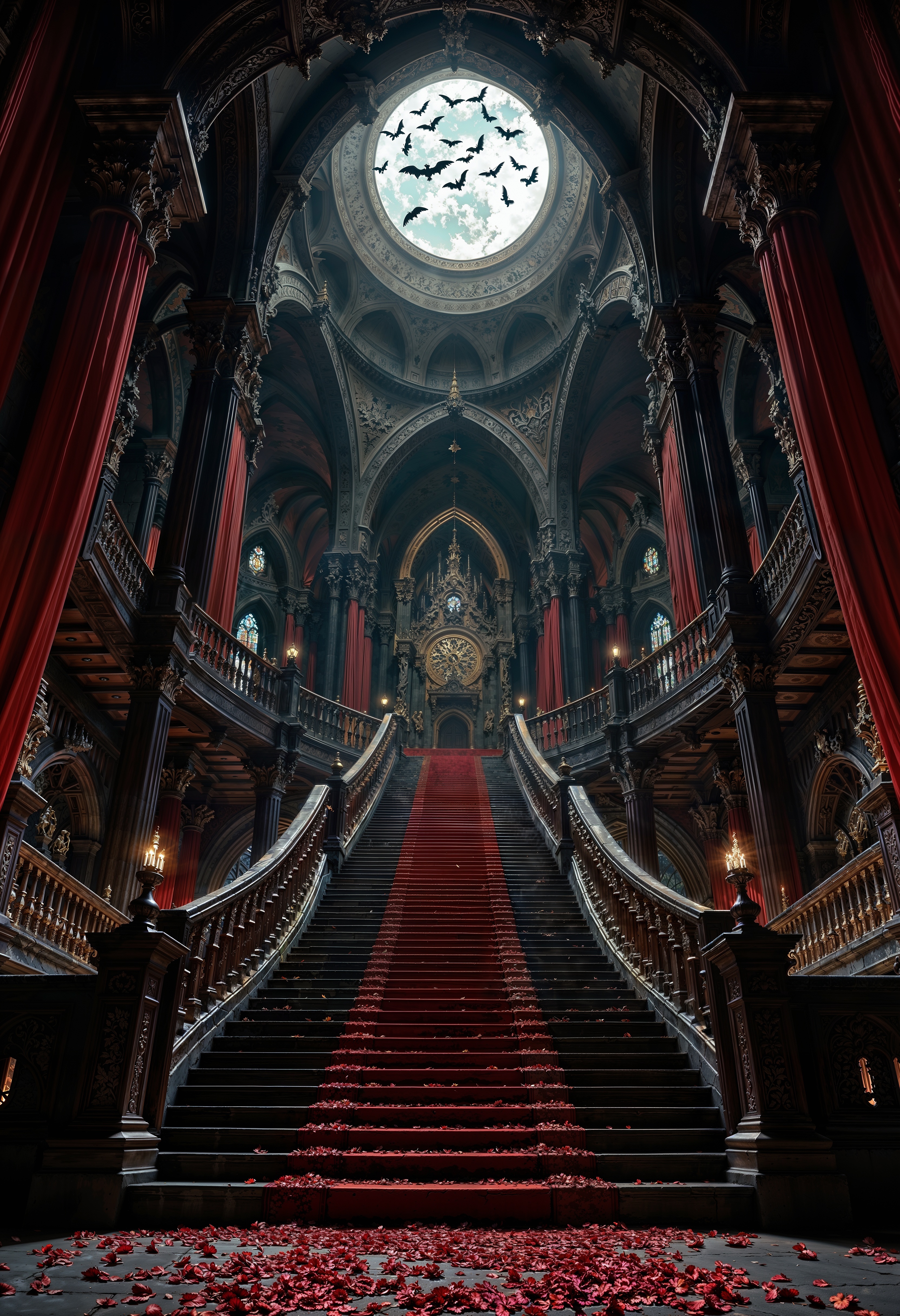 a highly detailed digital artwork depicting a dark, gothic cathedral interior bathed in a moody, atmospheric light. The scene is dominated by a grand, sweeping staircase covered in rich, red carpet that extends upwards towards the cathedral's central altar. The staircase is flanked by ornate, dark wooden railings adorned with intricate carvings and lit by small, flickering candles.
Above, a high, arched ceiling is illuminated by a full moon, casting an ethereal glow through the stained glass windows, which are dark and muted, enhancing the overall somber tone. Red drapes hang elegantly from the ceiling, adding a touch of luxury and drama to the scene.
The background is filled with shadowy, dark statues and religious icons, contributing to the gothic atmosphere. Swarms of dark, ominous bats fly through the air, adding a sense of movement and foreboding. The floor is strewn with red rose petals, creating a stark contrast with the dark surroundings. The entire composition evokes a sense of mystery, reverence, and Gothic horror, with a strong emphasis on the interplay between light and darkness.