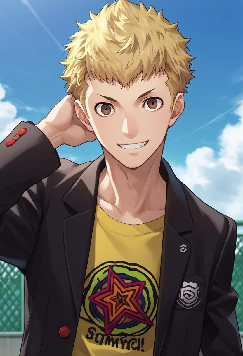 score_9, score_7_up, source_anime
ryuji, 1boy, male focus solo, brown eyes, blonde hair, short hair, school uniform, shirt, yellow shirt, print shirt, jacket, black jacket, long sleeves, open jacket, open clothes, smile
outdoor, sky,