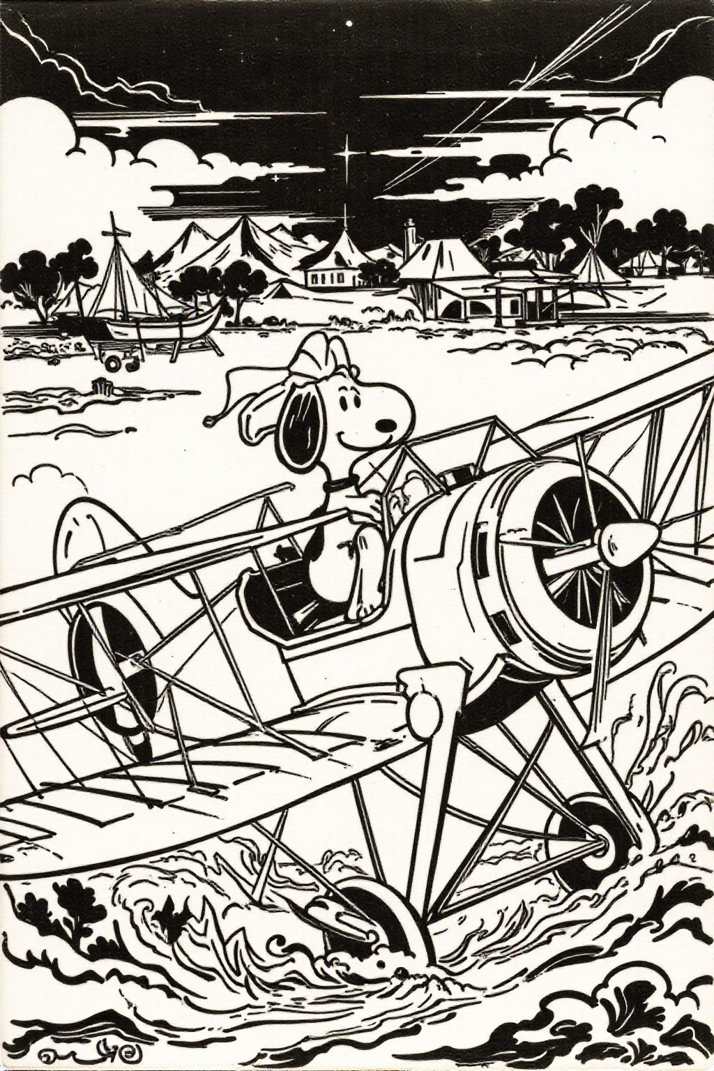 k1ooster black and white drawing of Snoopy piloting a Sopwith Camel WW1 biplane <lora:Flux-Sch-SingleBlocks-BF16:1.0> <lora:Klooster.Noborder.5Cos.D8A4.R20E10:0.8><lora:796087040593865425:0>