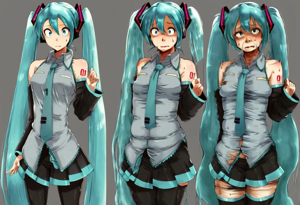 score_9, score_8, transformation, before and after, multiple views, aging, age progression, APTF, transformation sequence, young to elder, 20 years old, 50 years old, 70 years old, hatsune_miku