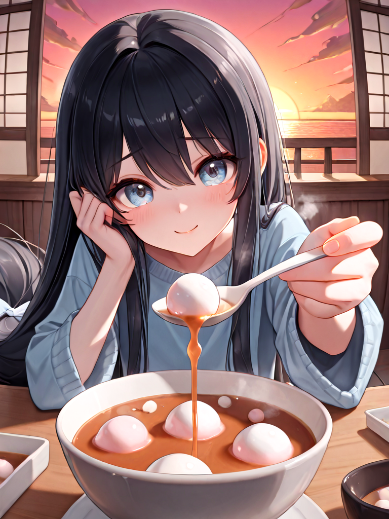 absurdres, explicit, tangyuan feeding, incoming food, blurry foreground, fisheye, pov, 1girl, shy, smile, holding spoon, hand up, sitting, soup, table, steam, steaming food, close-up, foreshortening, reaching towards viewer, sunset, black hair, absurdly long hair, low-tied long hair, <lora:girlliketangyuanfeeding_ilxl:0.8>