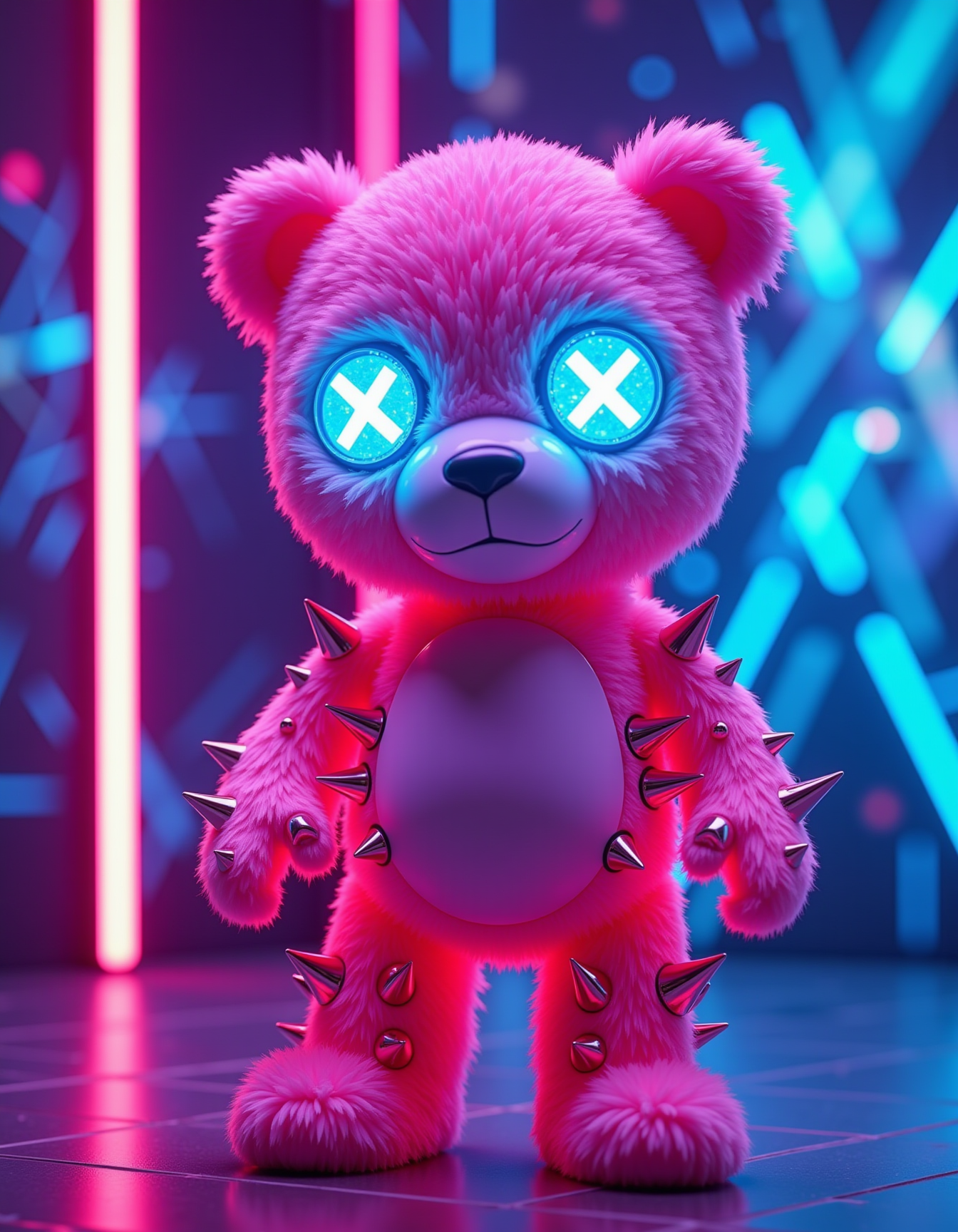 A glitch-art pink teddy bear, its plush fur glowing under ultraviolet neon lights, stands with limbs bristling with holographic chrome spikes. X-shaped LED eyes pulse electric blue, contrasting with jagged laser-cut scars across its body. The background dissolves into a blurred grid of neon circuitry, while prismatic light flares highlight each spikeâs razor edge. Hyper-detailed fur fibers blend with metallic sheen, creating a cyber-organic hybrid aesthetic.
_________
dramatic beauty, otherworldly quality, soft lighting, shallow depth of field, high detail, dynamic composition, cinematic shot, film grain, balanced shadows, harmonic colors, emotional depth, symbolic meaning, innovative props/costumes, timeless elegance, modern themes, iconic imagery, unforgettable moment, captivating beauty, stunning impact, thought-provoking, artistic vision, masterful execution.
<lora:cheats:0.4> <lora:NOOB_vp1_detailer_by_volnovik_v1:0.5>