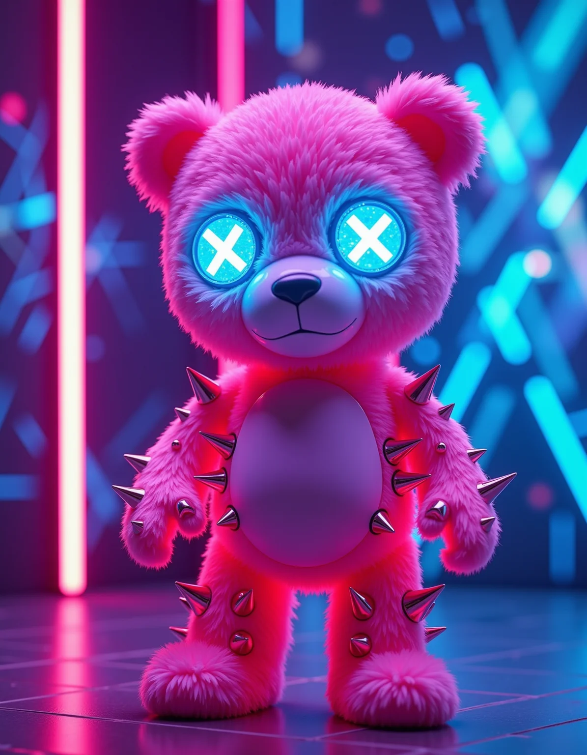 A glitch-art pink teddy bear, its plush fur glowing under ultraviolet neon lights, stands with limbs bristling with holographic chrome spikes. X-shaped LED eyes pulse electric blue, contrasting with jagged laser-cut scars across its body. The background dissolves into a blurred grid of neon circuitry, while prismatic light flares highlight each spikeâs razor edge. Hyper-detailed fur fibers blend with metallic sheen, creating a cyber-organic hybrid aesthetic.
_________
dramatic beauty, otherworldly quality, soft lighting, shallow depth of field, high detail, dynamic composition, cinematic shot, film grain, balanced shadows, harmonic colors, emotional depth, symbolic meaning, innovative props/costumes, timeless elegance, modern themes, iconic imagery, unforgettable moment, captivating beauty, stunning impact, thought-provoking, artistic vision, masterful execution.
<lora:cheats:0.4> <lora:NOOB_vp1_detailer_by_volnovik_v1:0.5>