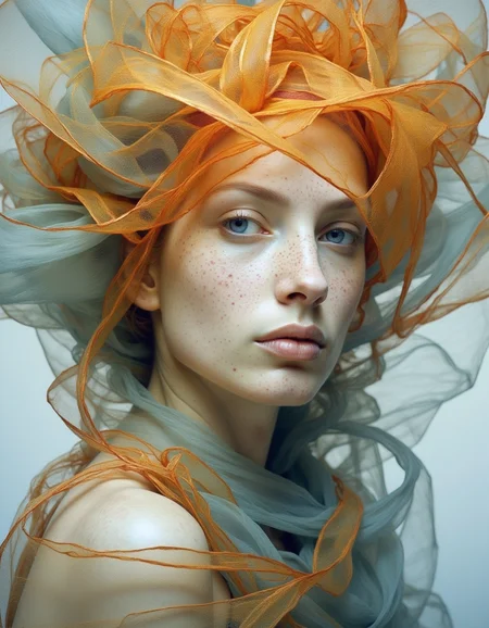 Portrait by Dorota Pietrowiak. This is a high-resolution, highly detailed photograph of a young woman with fair, porcelain skin and striking, piercing blue eyes. She has a delicate, almost ethereal appearance, with a scattering of freckles across her cheeks and nose. Her hair is hidden beneath an elaborate, voluminous, and ethereal arrangement of orange and light blue translucent fabrics that resemble a large, ornate headdress. The fabrics are layered and draped around her head, creating a surreal, almost otherworldly effect. <lora:Dorota_Pietrowiak:1>
