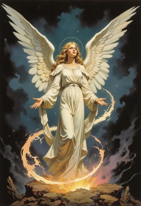 A hyper-realistic painting in HD, 8K, depicting a divine angel inspired by the aesthetic renaissance style of Raphael. The angel stands in a graceful pose, its luminous white wings fully spread behind it, crafted with intricate, feathery detail that radiates a soft, celestial glow. It wears a flowing white gown reminiscent of classical Renaissance drapery, its delicate folds billowing naturally in an unseen breeze. Encircling the angel is a vibrant energy aura, glowing in soft blues, golden hues, and warm pinks, spiraling rhythmically around its figure in a dynamic, harmonious motion. The angel's serene face reflects Raphael's mastery of divine expressions, with a serene gaze that conveys both peace and otherworldly wisdom. The composition frames the angel centrally, its majestic wings curving outward in a gesture of grandeur. Gentle Renaissance lighting highlights the figure, casting soft reflections on the gown and wings, while the multicolored aura creates a dynamic contrast against a dark, muted backdrop. Every detail, from the texture of the feathers to the naturalistic drapery of the gown, is rendered with precision, capturing the ethereal beauty and divine majesty of the angel in a way reminiscent of Renaissance masterpieces. (Boris Vallejo, RetroSci style, Comic book style, DNdGr41nyB0yz style )