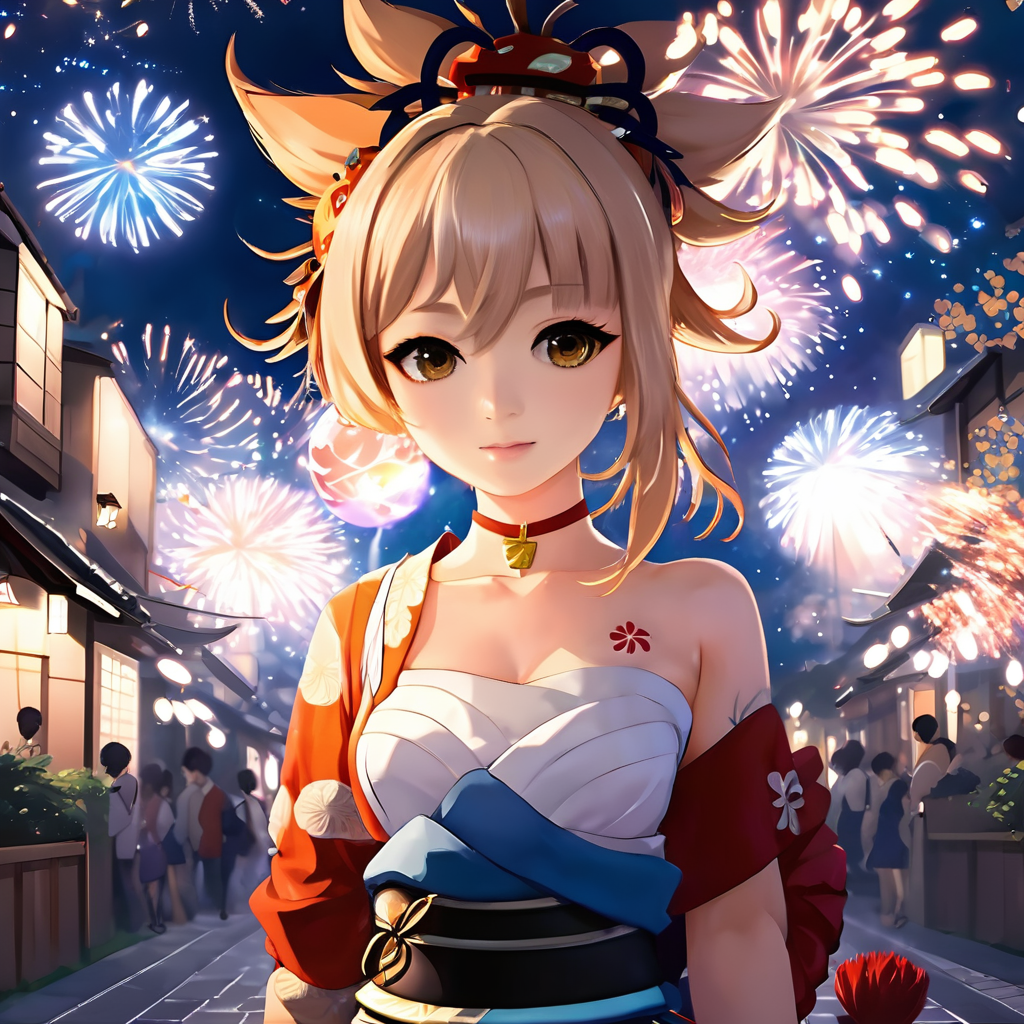 illustration,anime,night,a cute girl  standing in japan street surrounded by fireworks,detailed anime style,nature light,upper body,looking at viewer,
yoimiya \(genshin impact\),<lora:yoimiya:1>,