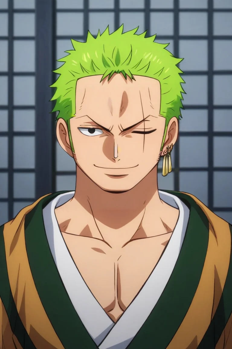 score_9, score_8_up, score_7_up, source_anime, , (photorealistic:0.6), looking at viewer, upper body, , 1boy, solo, male focus, <lora:zoro_roronoa_pony:0.92>, zoro_roronoa, green hair, black eyes, short hair, , earrings, post timeskip, wano country arc, chonmage, kimono, scar across eye, one eye closed, sideburns, katana, , , smile, , prison, Arms linked with someone, indicating companionship, <lora:sdxl_lightning_8step_lora:1>