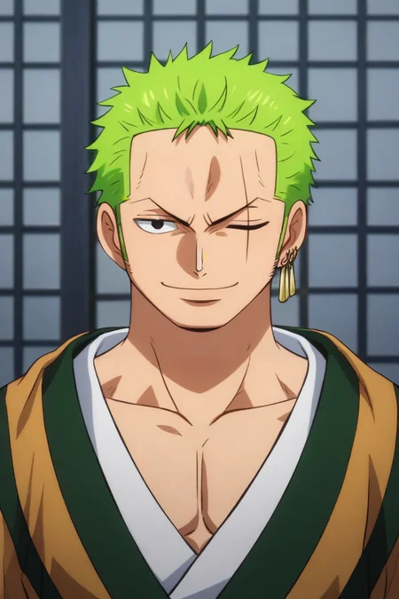 score_9, score_8_up, score_7_up, source_anime, , (photorealistic:0.6), looking at viewer, upper body, , 1boy, solo, male focus, <lora:zoro_roronoa_pony:0.92>, zoro_roronoa, green hair, black eyes, short hair, , earrings, post timeskip, wano country arc, chonmage, kimono, scar across eye, one eye closed, sideburns, katana, , , smile, , prison, Arms linked with someone, indicating companionship, <lora:sdxl_lightning_8step_lora:1>