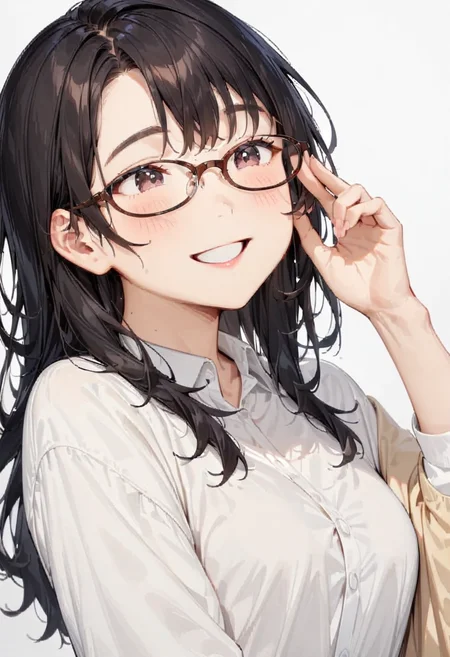 masterpiece, best quality, very aesthetic, absurdres,
1girl, solo, black hair, long hair,
oval_cell, glasses, brown-framed eyewear,
collared shirt, happy, smile, looking at another, adjusting eyewear, white background, simple background,
<lora:oval_glasses_cell-frame2_SDXL_V1:1>