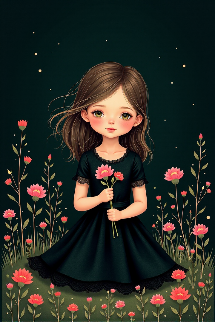 A girl in a black dress with lace trim, holding flowers and sitting on the ground surrounded by wildflowers. The dark background has light accents of pink or purple. The artwork is inspired by whimsical children's book illustrations, using soft pastel colors to create an enchanting atmosphereâââ