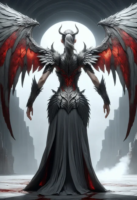 awesome quality, dynamic,DonMDr4g0nXL woman from behind,wings attached to back,skirt, (draconid:0.25) light gray lithic blood <lora:myLora\DonMDr4g0nXL-v1.1rb:1>