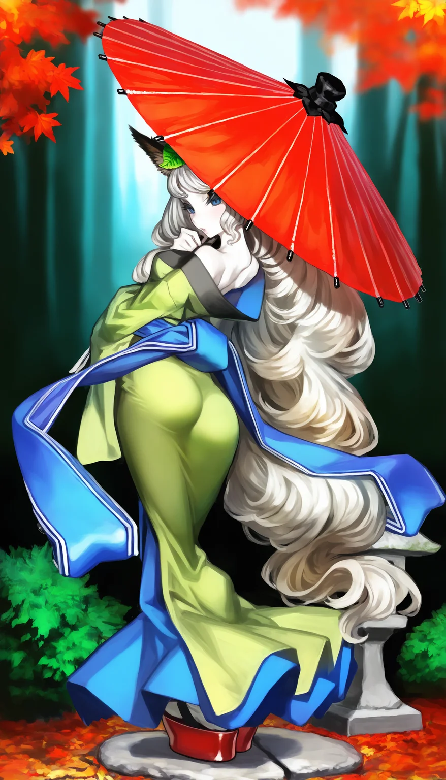 masterpiece,best quality,amazing quality,
<lora:yuzuruhaNAI:1>,yuzuruha,1girl,solo,pale skin,white hair,long hair,wavy hair,bangs,fox ears,a green leaf on head,blue eyes,green kimono,blue obi belt,white tabi socks,red platform geta,full body,looking at viewer,parted lips,back view,leaning back,standing,holding umbrella,
outdoors,forest,falling maple leaf,
stone lantern,bush,path,
depth of field,